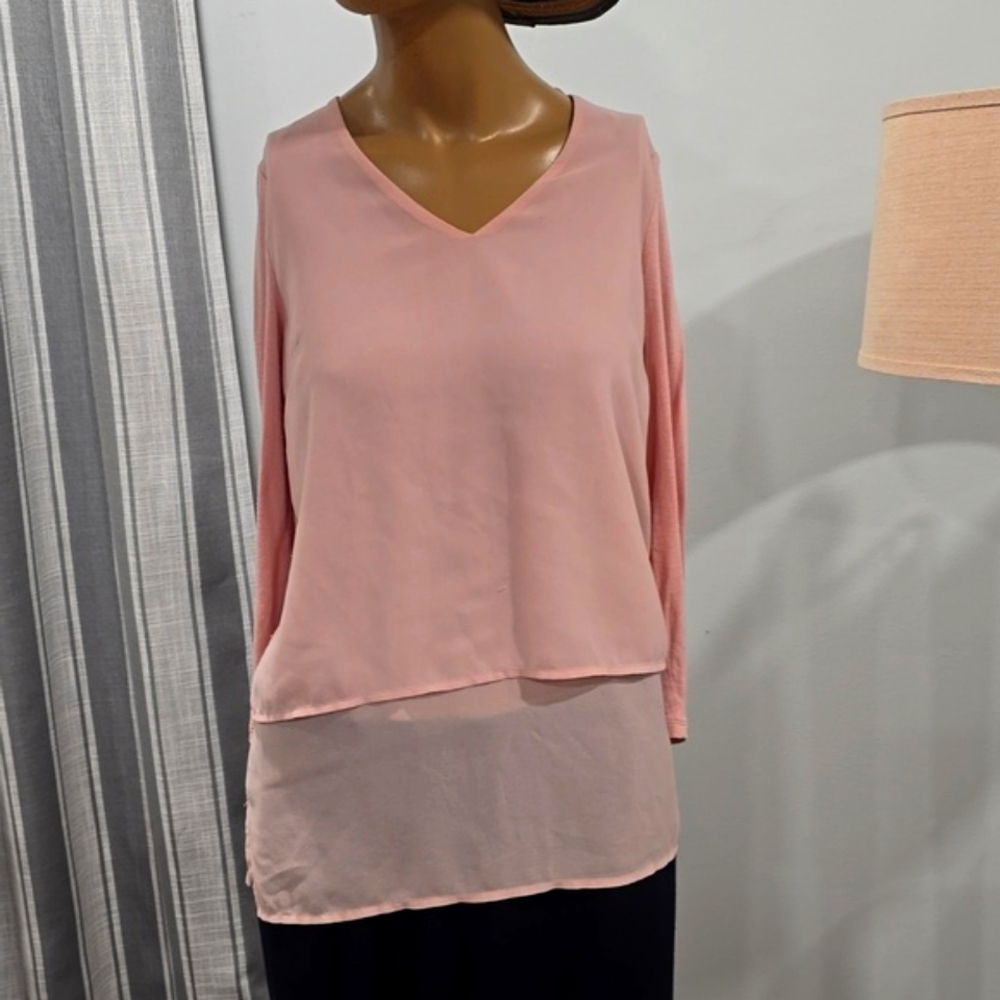 753 Michael Kors Women's Layered-Look Top Blouse Size PS Pink 3/4 Sleeves V-Neck